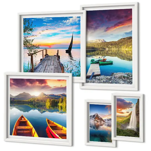 Gallery wall featuring landscape scenes of waterfalls and lakes