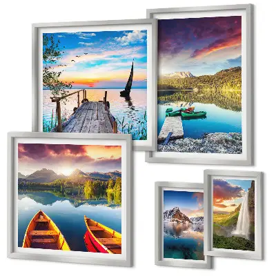 Gallery wall featuring landscape scenes of waterfalls and lakes