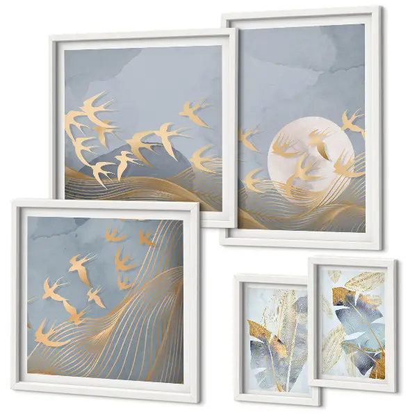 Framed photo set stylish birds and leaves in gray