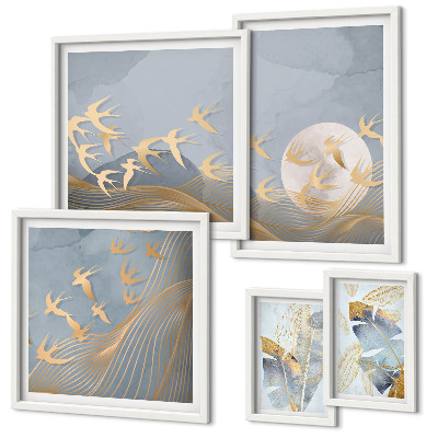 Framed photo set Stylish birds leaves gray