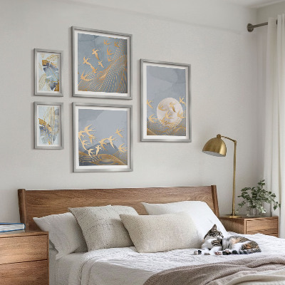 Framed photo set Stylish birds leaves gray