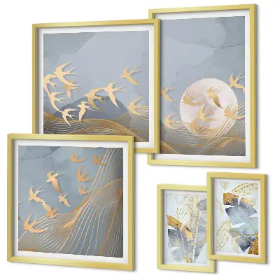 Framed photo set stylish birds and leaves in gray