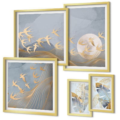 Framed photo set Stylish birds leaves gray