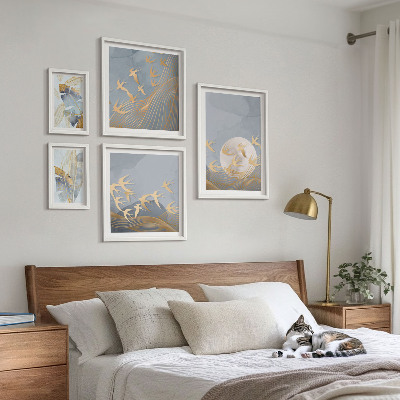Framed photo set Stylish birds leaves gray