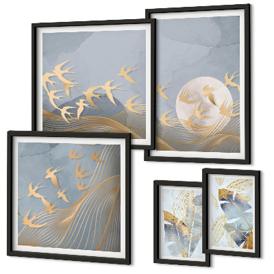 Framed photo set Stylish birds leaves gray