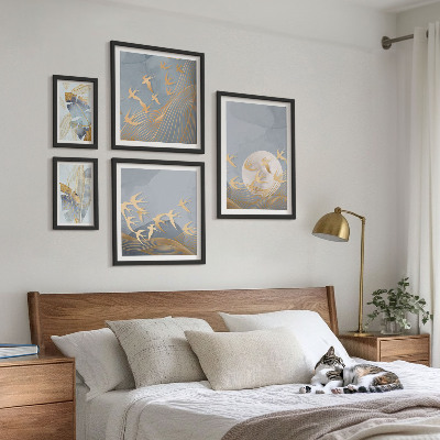 Framed photo set Stylish birds leaves gray