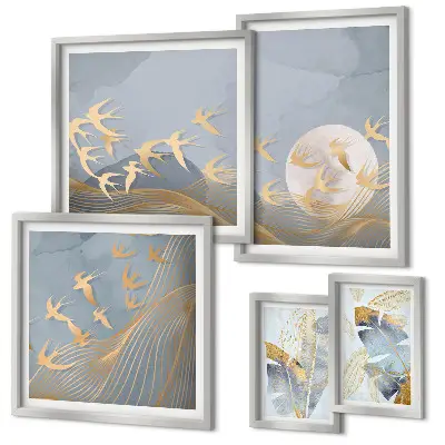 Framed photo set stylish birds and leaves in gray