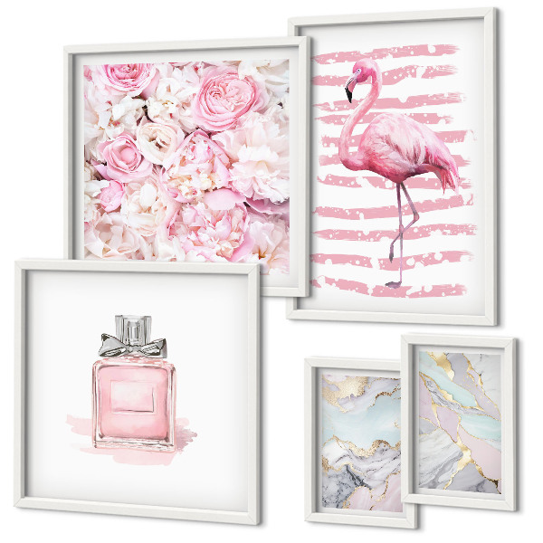 Gallery wall Stylish pink accents with flamingo flowers
