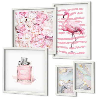 Gallery wall Stylish pink accents with flamingo flowers