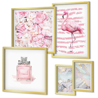 Gallery wall Stylish pink accents with flamingo flowers