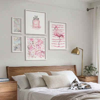 Gallery wall Stylish pink accents with flamingo flowers