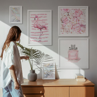 Gallery wall Stylish pink accents with flamingo flowers