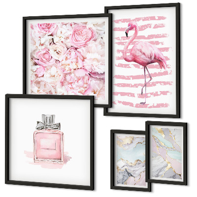 Gallery wall Stylish pink accents with flamingo flowers