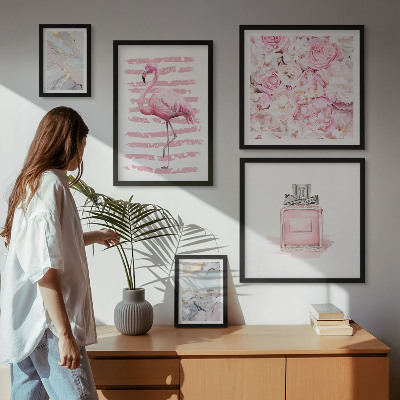 Gallery wall Stylish pink accents with flamingo flowers