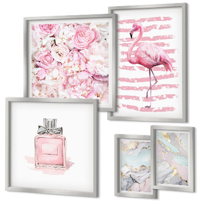Gallery wall Stylish pink accents with flamingo flowers