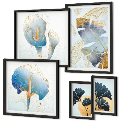 Set of 5 wall art pieces with modern plant motifs