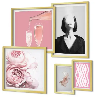 Framed photo set featuring a woman smoking with wine