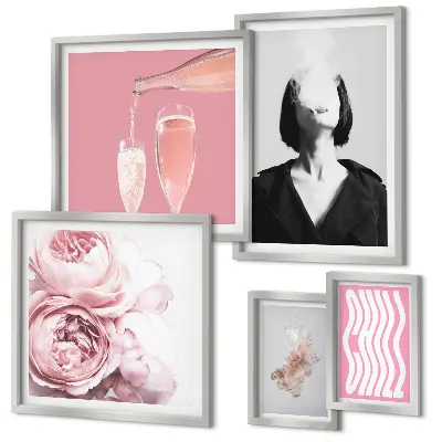 Framed photo set featuring a woman smoking with wine