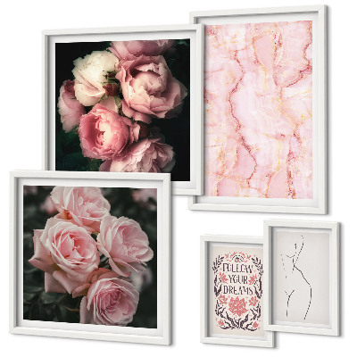 Set of 5 wall art pieces Pink flowers boho style