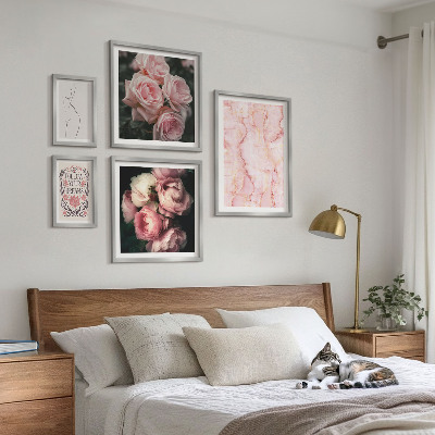Set of 5 wall art pieces Pink flowers boho style