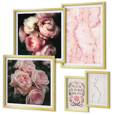 Set of 5 boho pink flower wall art pieces boho style pink flowers
