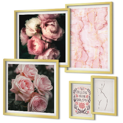 Set of 5 wall art pieces Pink flowers boho style
