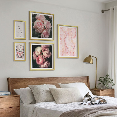 Set of 5 wall art pieces Pink flowers boho style