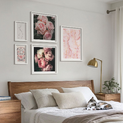 Set of 5 wall art pieces Pink flowers boho style