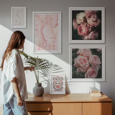 Set of 5 wall art pieces Pink flowers boho style