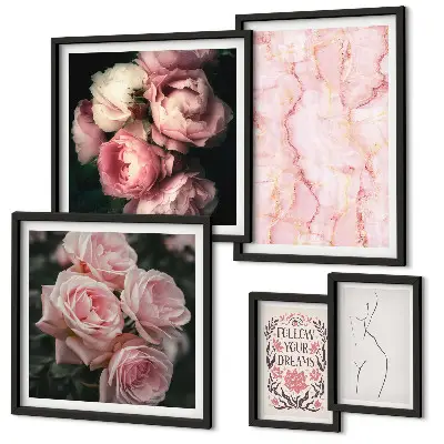 Set of 5 boho pink flower wall art pieces boho style pink flowers
