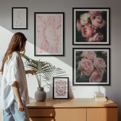 Set of 5 wall art pieces Pink flowers boho style