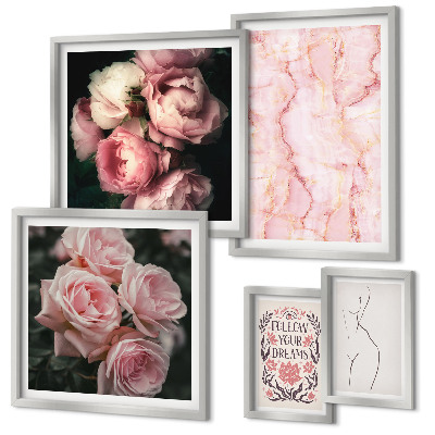 Set of 5 wall art pieces Pink flowers boho style