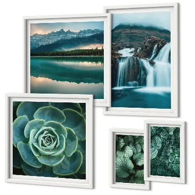 Framed photo set green plants and waterfalls nature theme