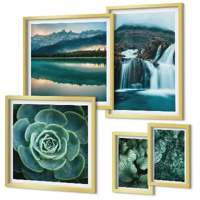 Framed photo set green plants and waterfalls nature theme