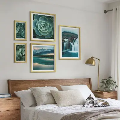 Framed photo set green plants and waterfalls nature theme