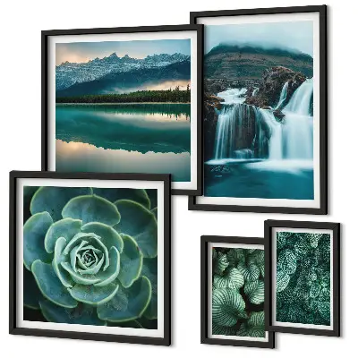 Framed photo set green plants and waterfalls nature theme