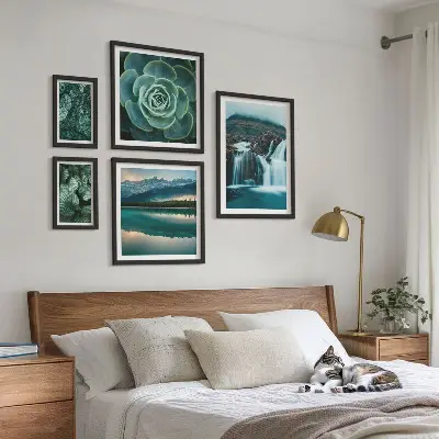 Framed photo set green plants and waterfalls nature theme