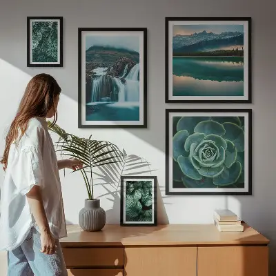 Framed photo set green plants and waterfalls nature theme