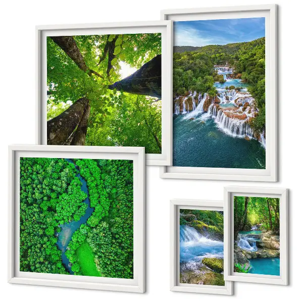 Framed photo set featuring green waterfall landscapes