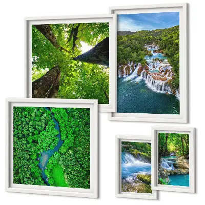 Framed photo set featuring green waterfall landscapes
