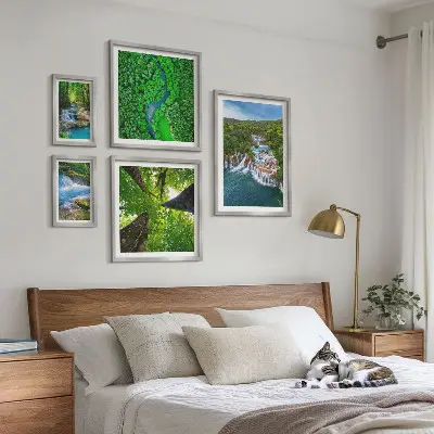Framed photo set featuring green waterfall landscapes