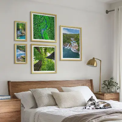 Framed photo set featuring green waterfall landscapes