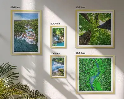 Framed photo set featuring green waterfall landscapes