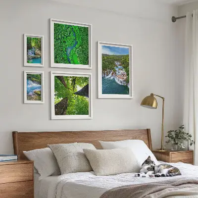 Framed photo set featuring green waterfall landscapes