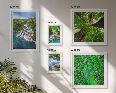 Framed photo set featuring green waterfall landscapes