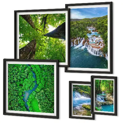 Framed photo set featuring green waterfall landscapes