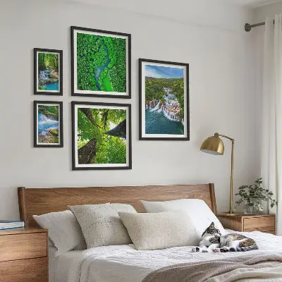Framed photo set featuring green waterfall landscapes