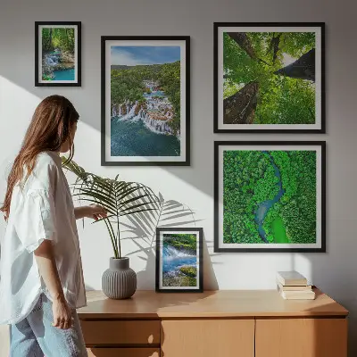 Framed photo set featuring green waterfall landscapes