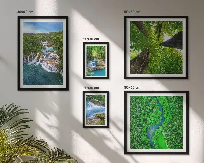 Framed photo set featuring green waterfall landscapes