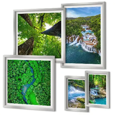Framed photo set featuring green waterfall landscapes
